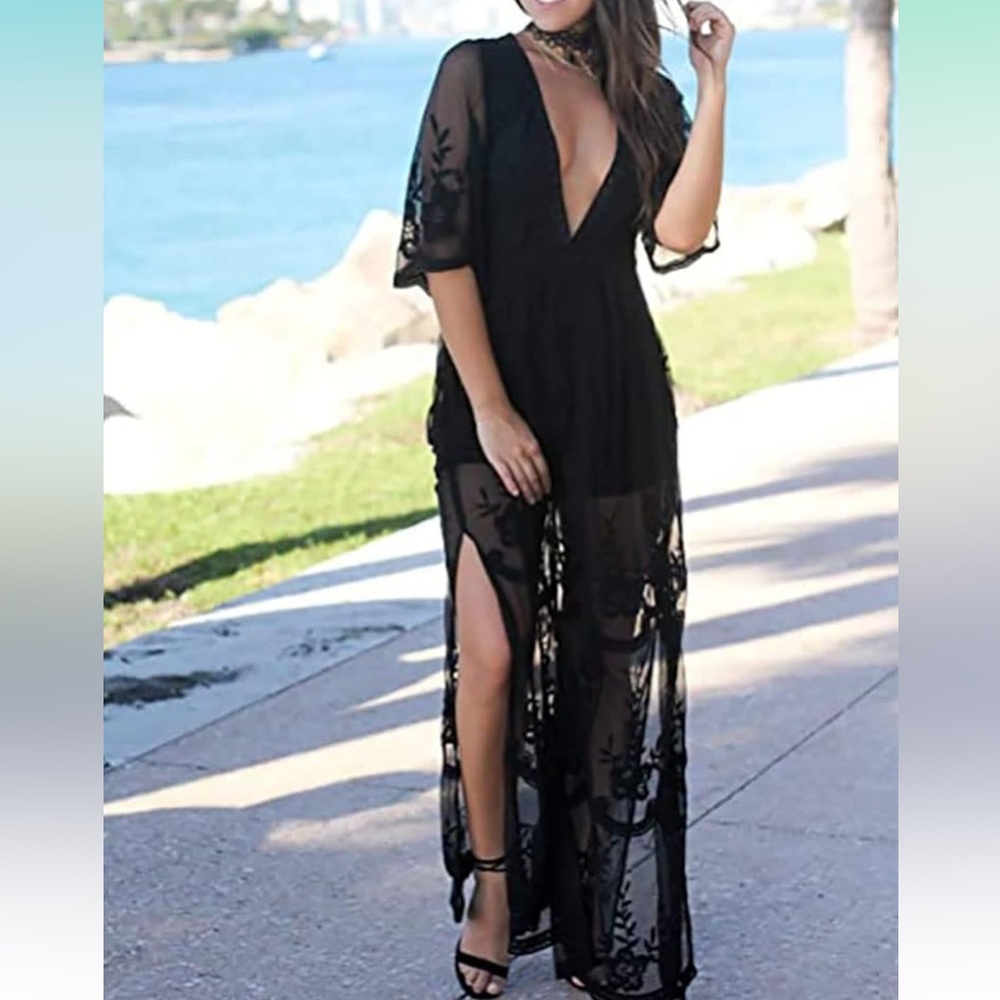 Lace Plunging V Neck Sheer Beautiful Maxi Dress Black Small - Picture 9 of 15
